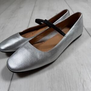 Madewell Women's 8 The Greta Ballet Flat Leather Silver Gray Chrome Black